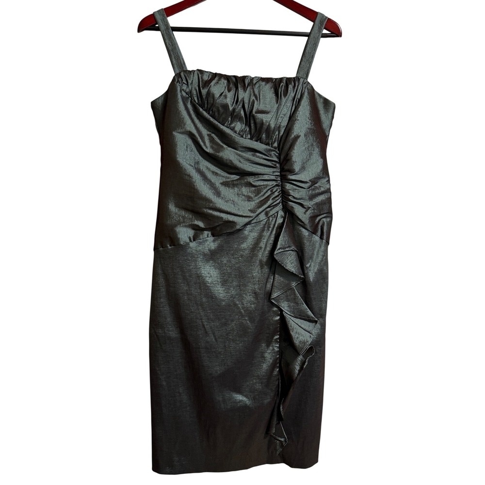 R&M Richards Womens Size 12 Iridescent Green Metallic Ruched Ruffle Sheath Dress